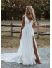 Plunging Neck Ivory Lace Tulle Slit Romantic Wedding Dress